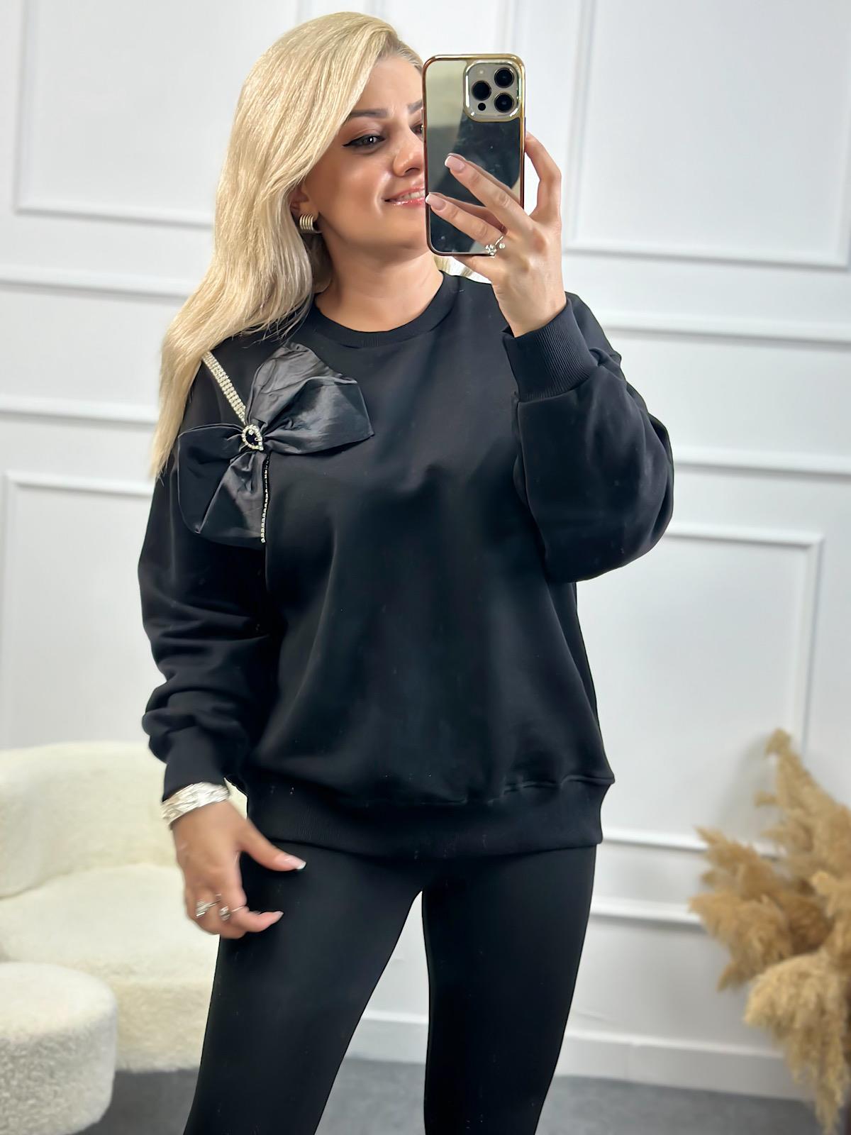 Papyon Detaylı Taş İşleme Bisiklet Yaka Oversize Sweatshirt SİYAH