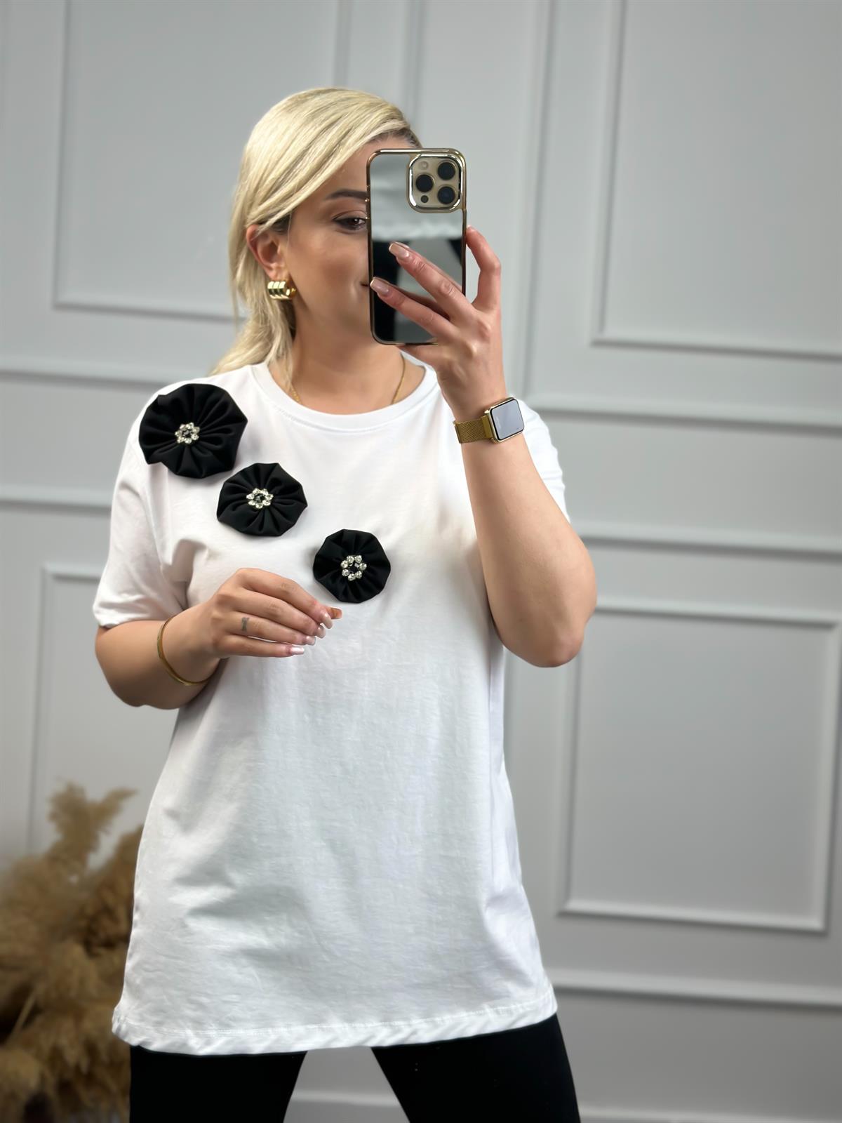 Papyonlu Taşlı Tshirt BEYAZ