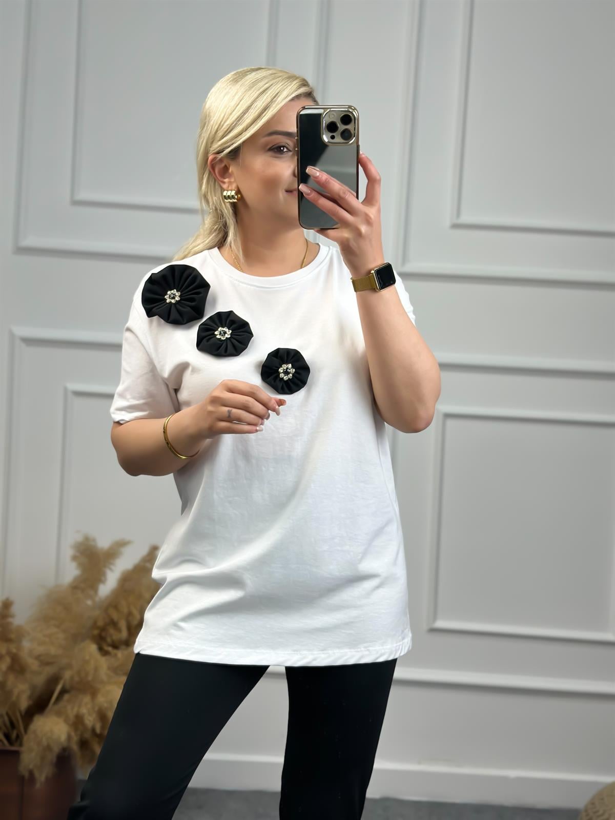 Papyonlu Taşlı Tshirt BEYAZ