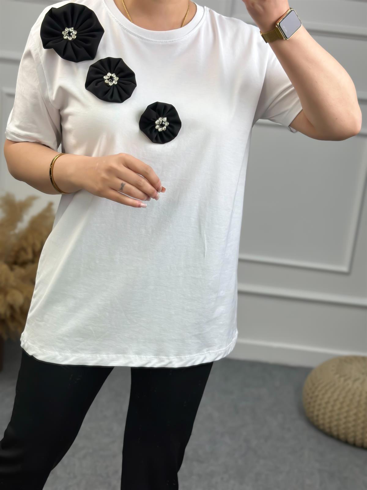 Papyonlu Taşlı Tshirt BEYAZ
