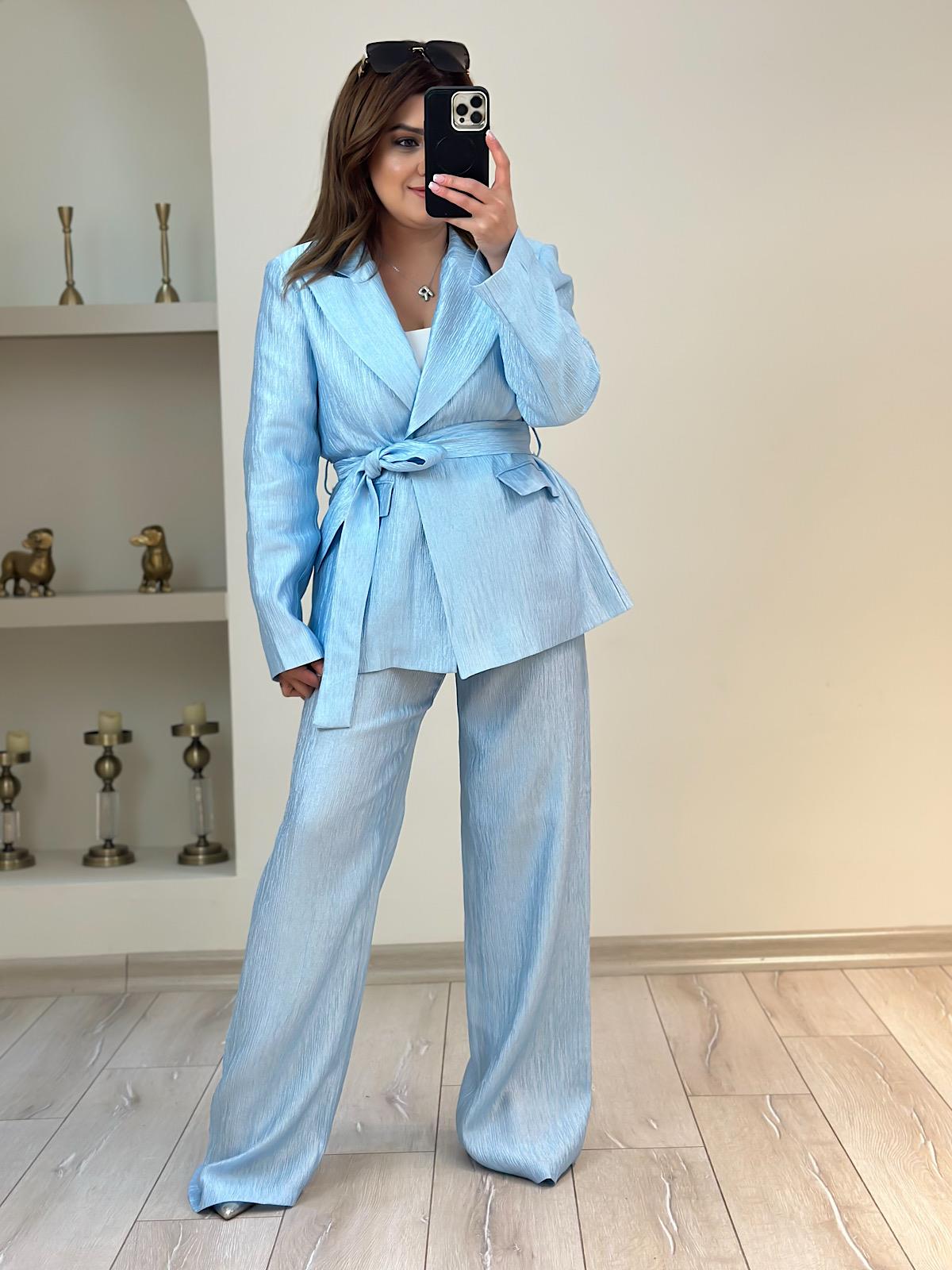 Parlak Beli Kuşaklı Takım MAVİ