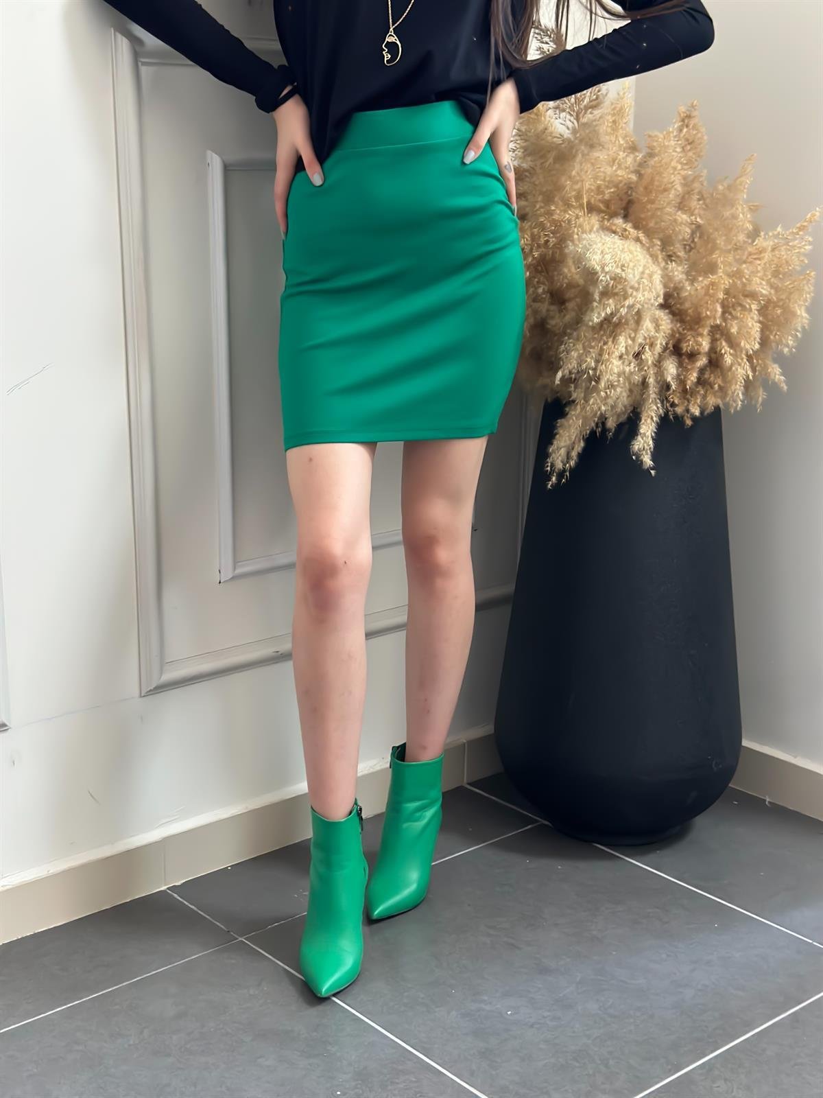 Penye Beli Lastikli Kısa Etek YEŞİL