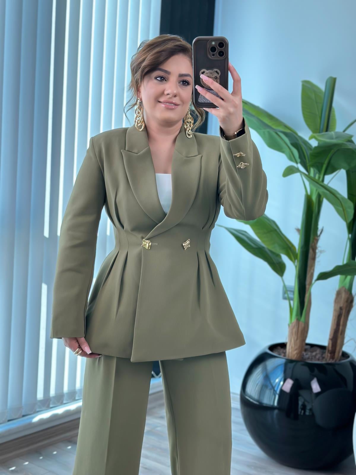 Pile Detaylı Slimfit Ceket Pantolon Takım HAKİ