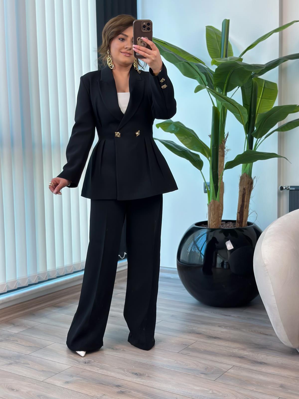 Pile Detaylı Slimfit Ceket Pantolon Takım SİYAH