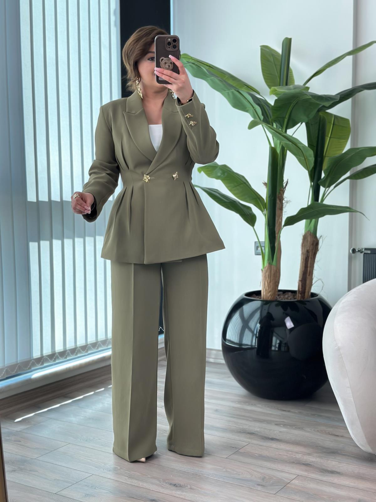 Pile Detaylı Slimfit Ceket Pantolon Takım HAKİ
