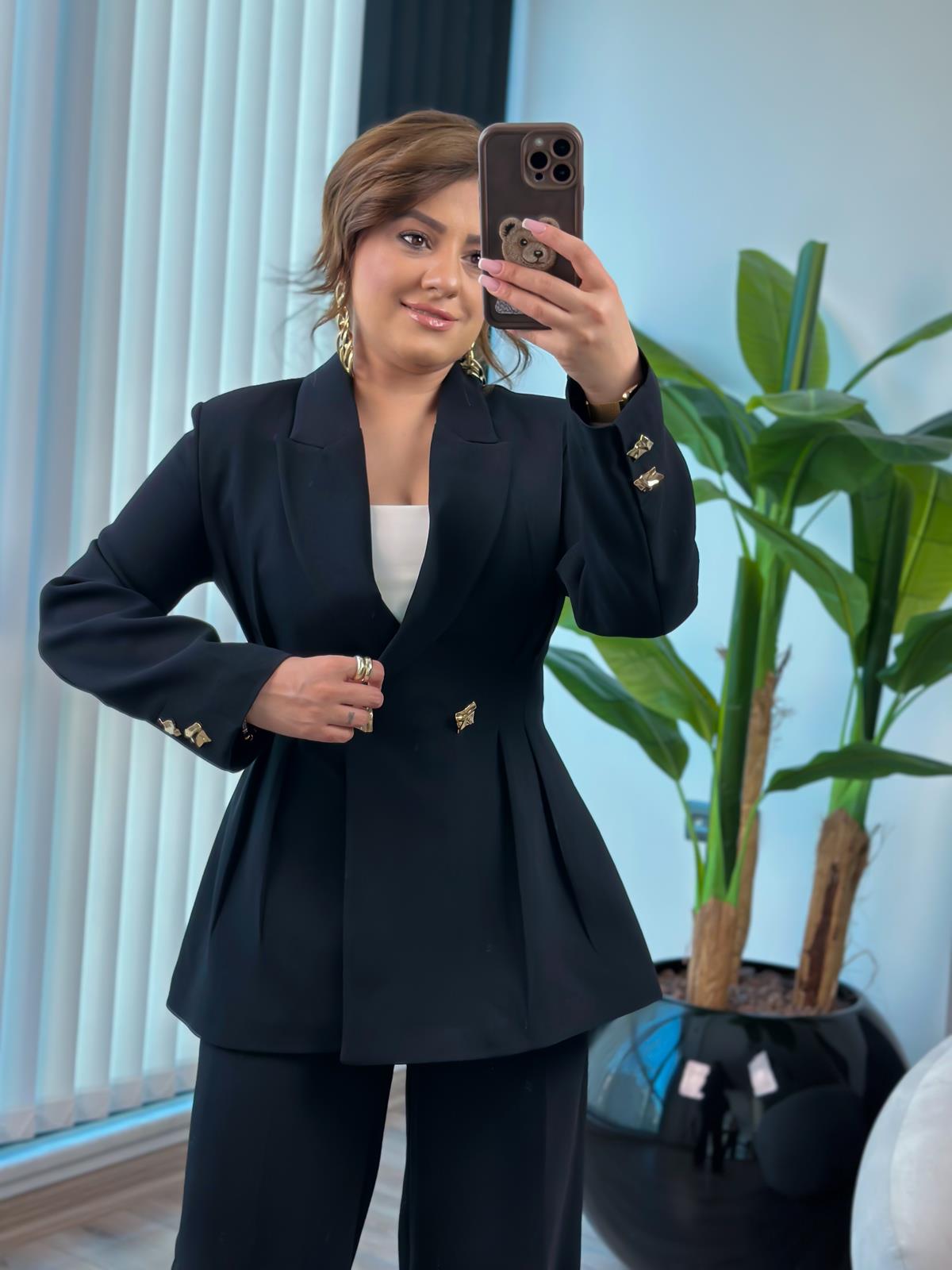 Pile Detaylı Slimfit Ceket Pantolon Takım SİYAH