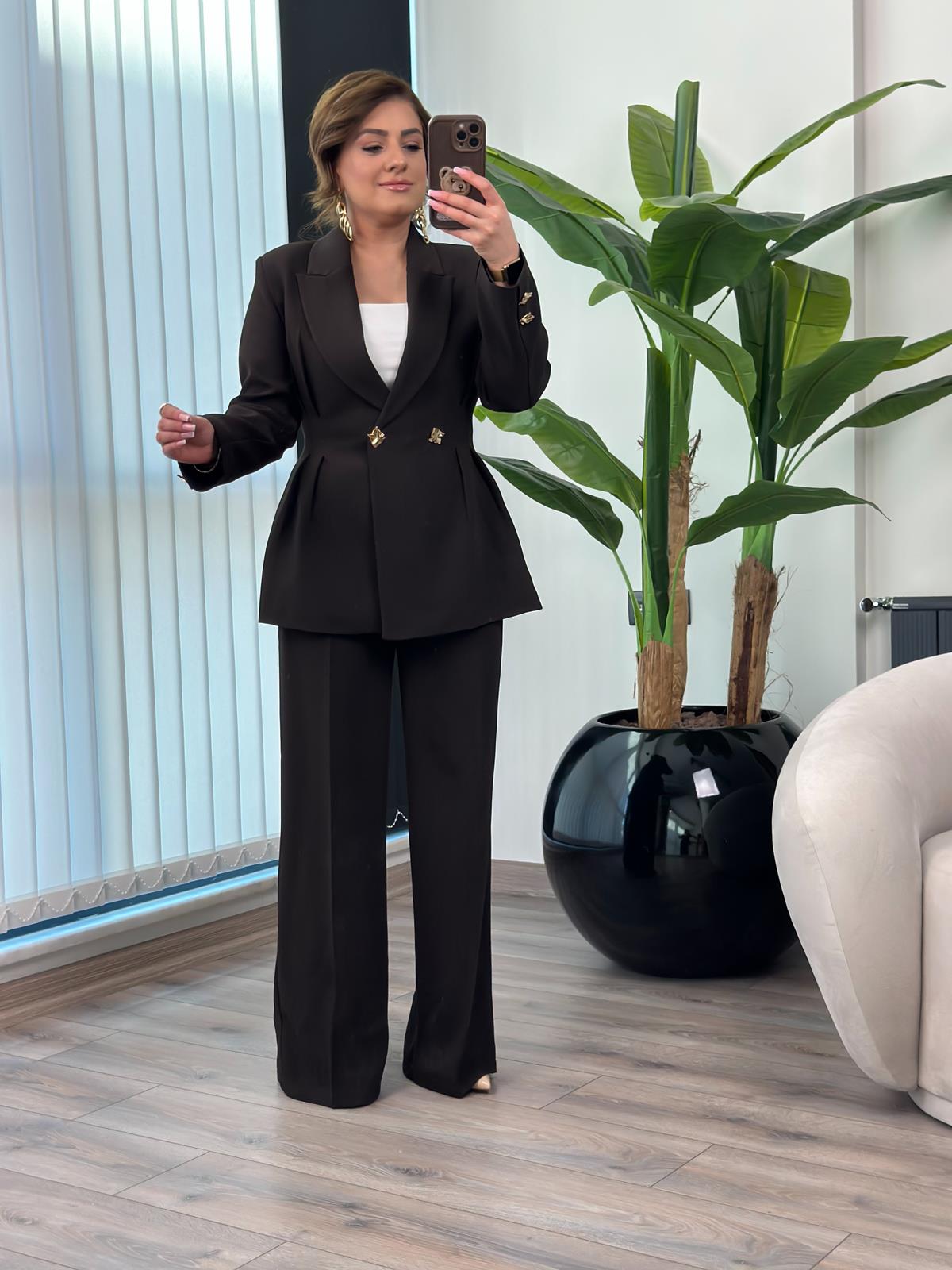 Pile Detaylı Slimfit Ceket Pantolon Takım ACI KAHVE