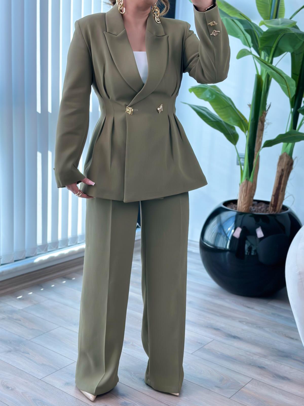 Pile Detaylı Slimfit Ceket Pantolon Takım HAKİ