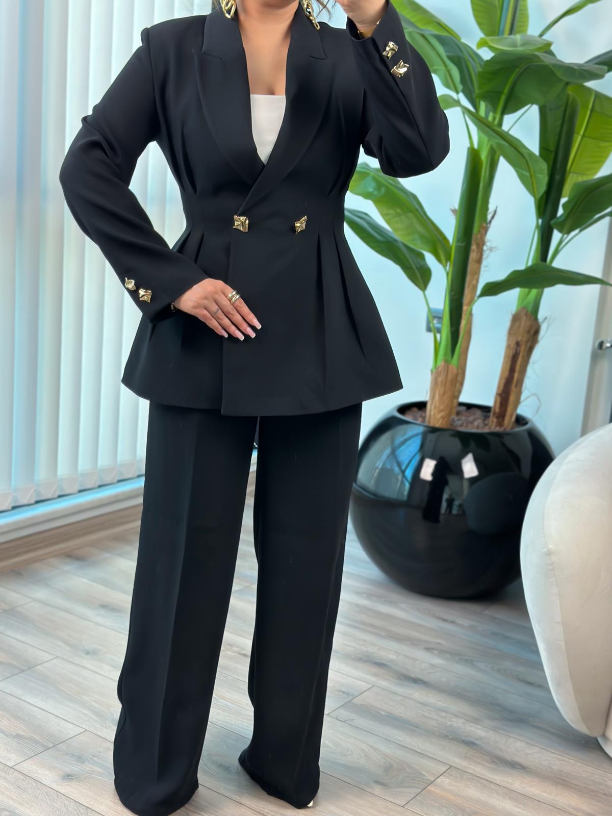 Pile Detaylı Slimfit Ceket Pantolon Takım SİYAH