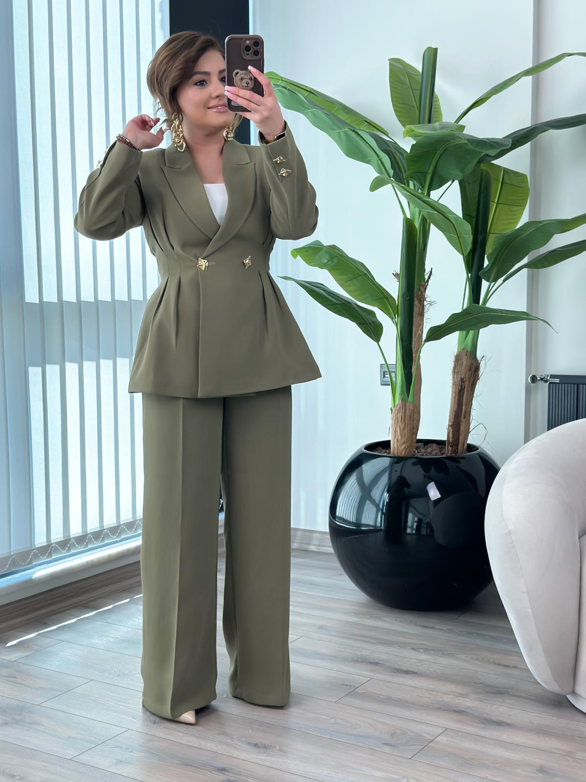 Pile Detaylı Slimfit Ceket Pantolon Takım HAKİ