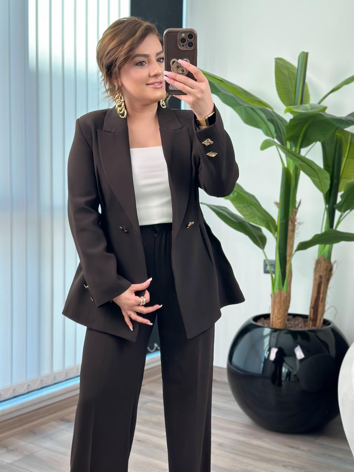 Pile Detaylı Slimfit Ceket Pantolon Takım ACI KAHVE