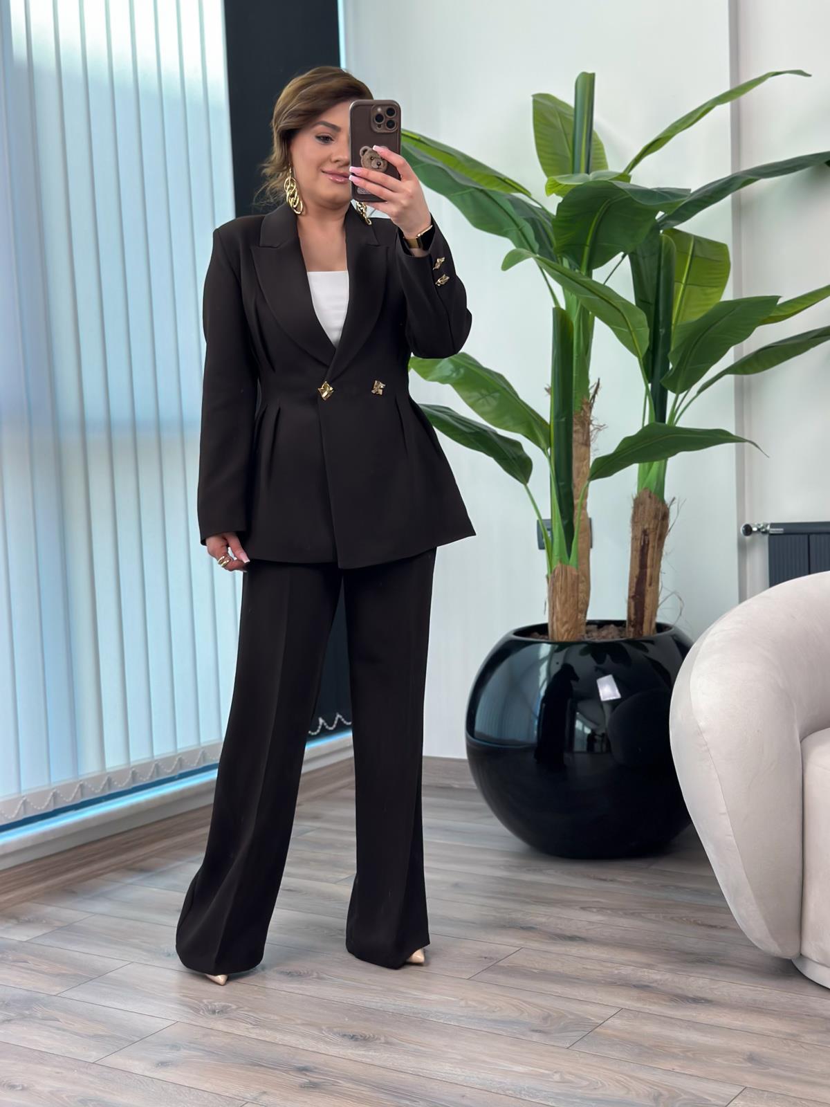 Pile Detaylı Slimfit Ceket Pantolon Takım ACI KAHVE