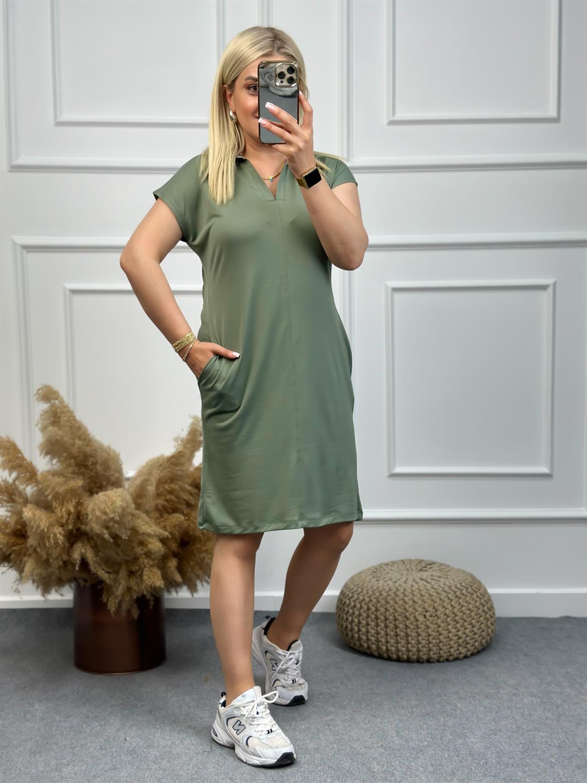 Polo Yaka Modal Kumaş Elbise HAKİ