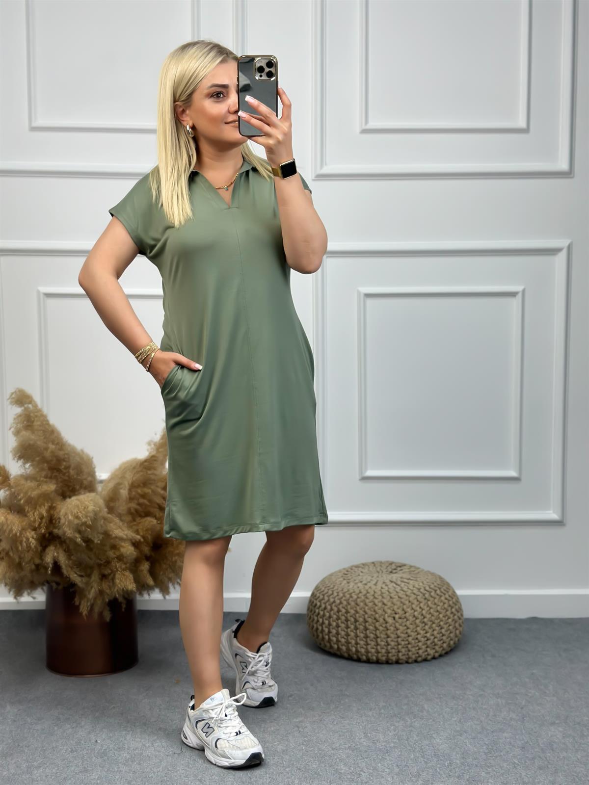 Polo Yaka Modal Kumaş Elbise HAKİ