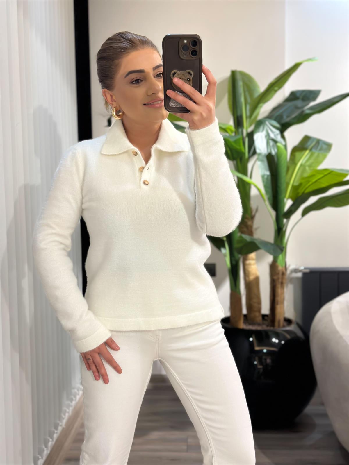 Polo Yaka Sakallı Triko Kazak EKRU