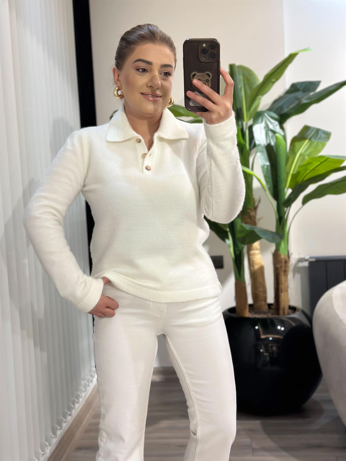 Polo Yaka Sakallı Triko Kazak EKRU