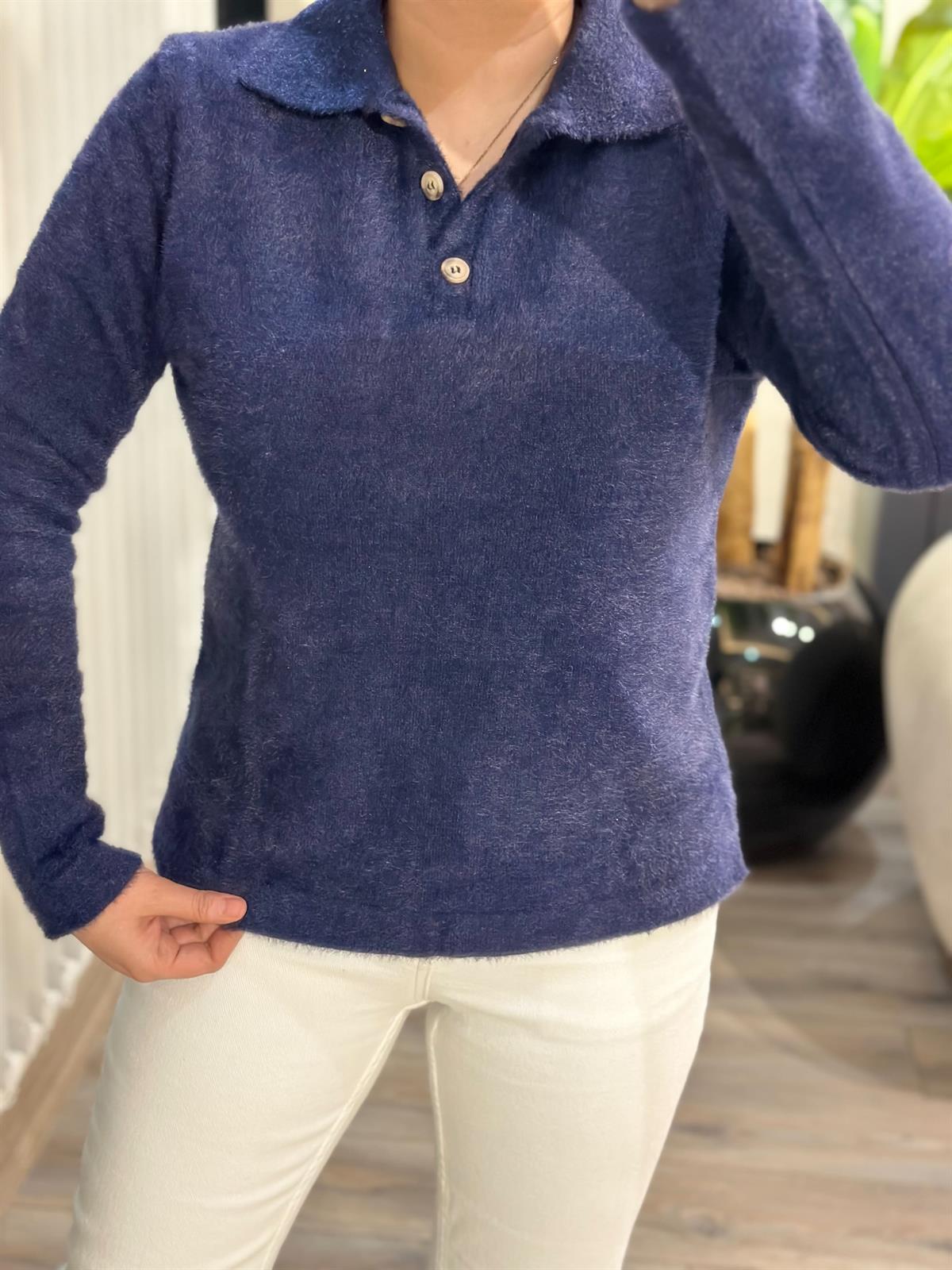 Polo Yaka Sakallı Triko Kazak LACİVERT