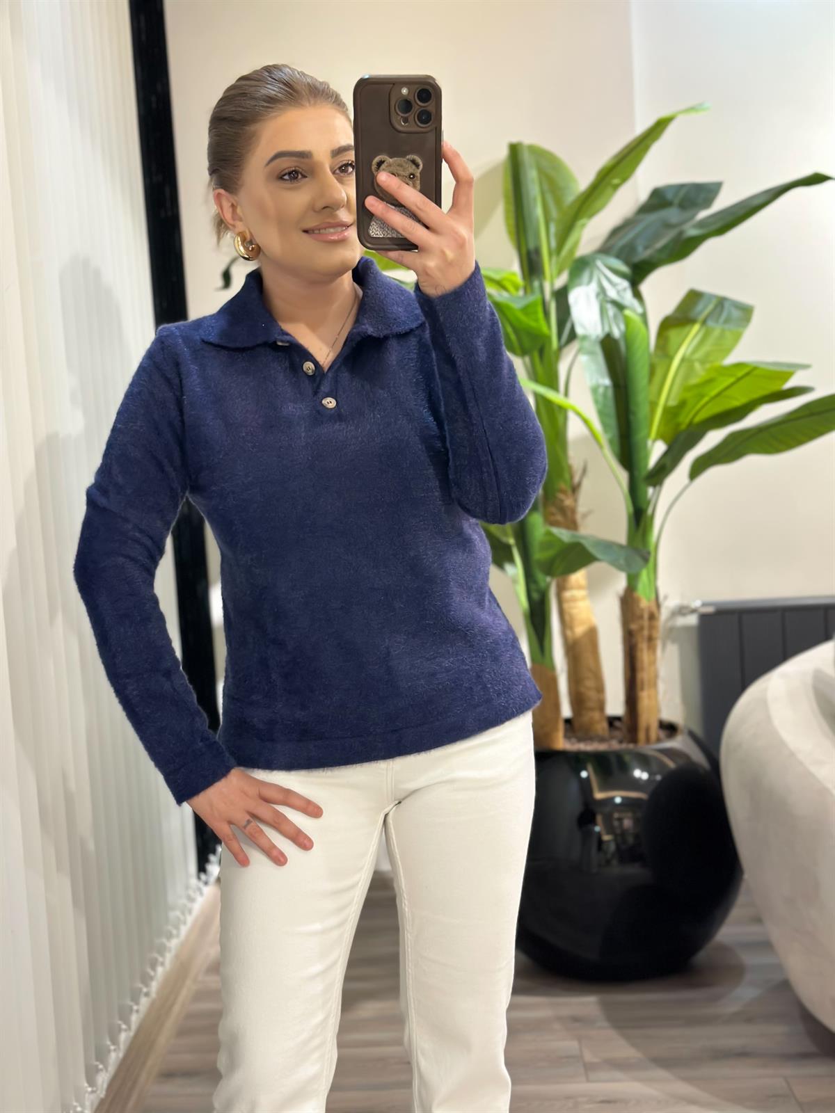 Polo Yaka Sakallı Triko Kazak LACİVERT