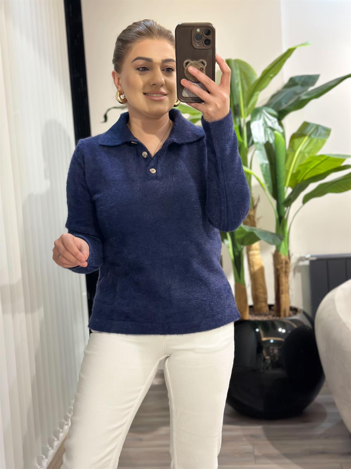 Polo Yaka Sakallı Triko Kazak LACİVERT