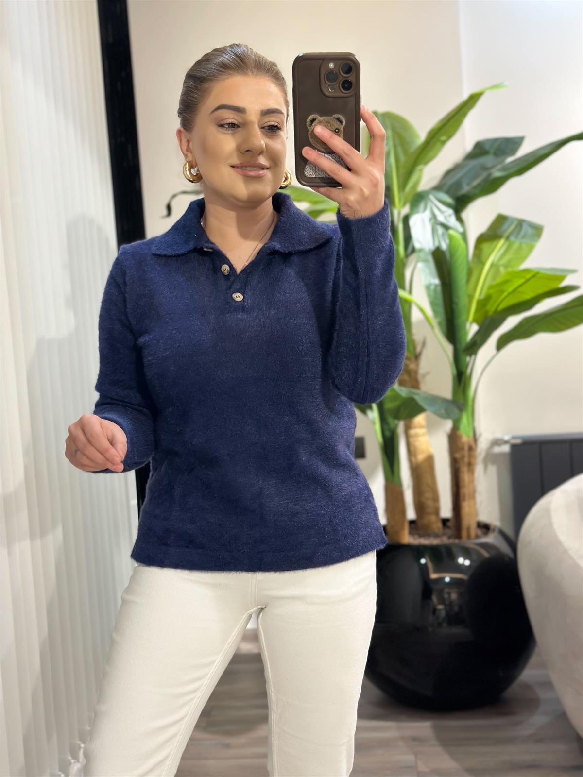 Polo Yaka Sakallı Triko Kazak LACİVERT