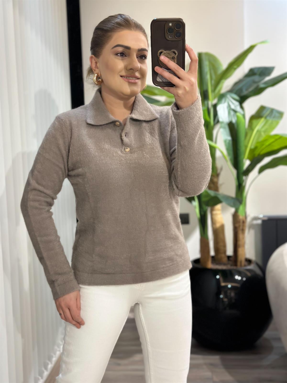 Polo Yaka Sakallı Triko Kazak VİZON