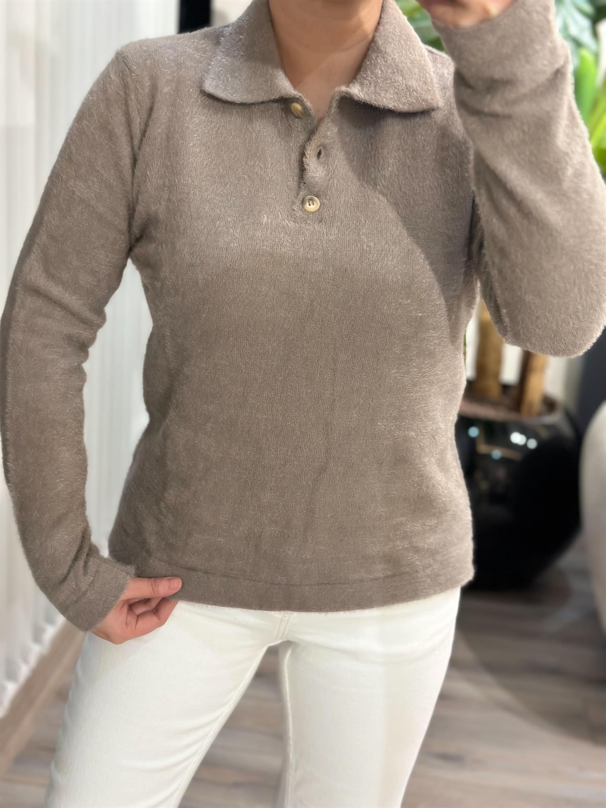 Polo Yaka Sakallı Triko Kazak VİZON