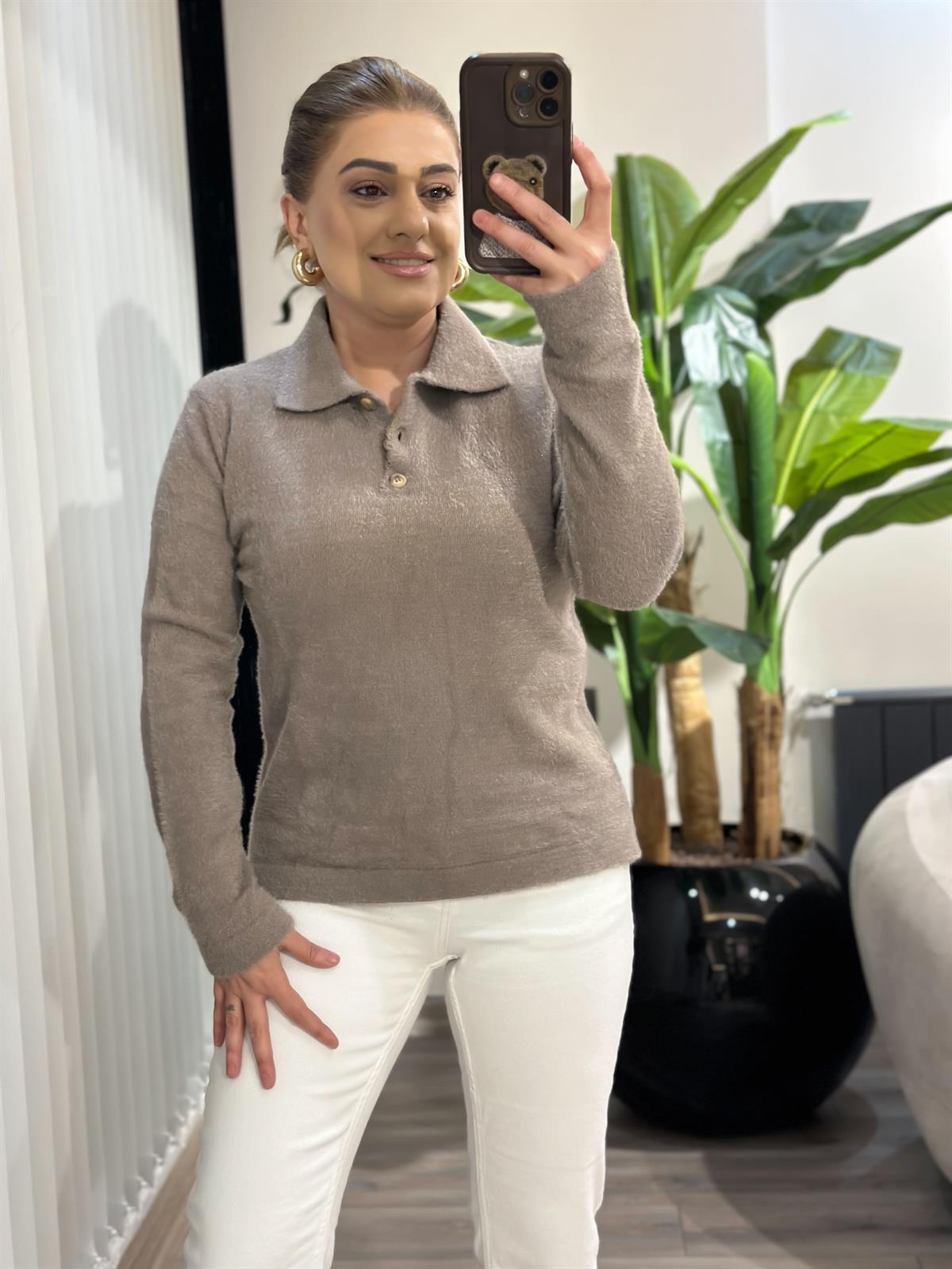 Polo Yaka Sakallı Triko Kazak VİZON