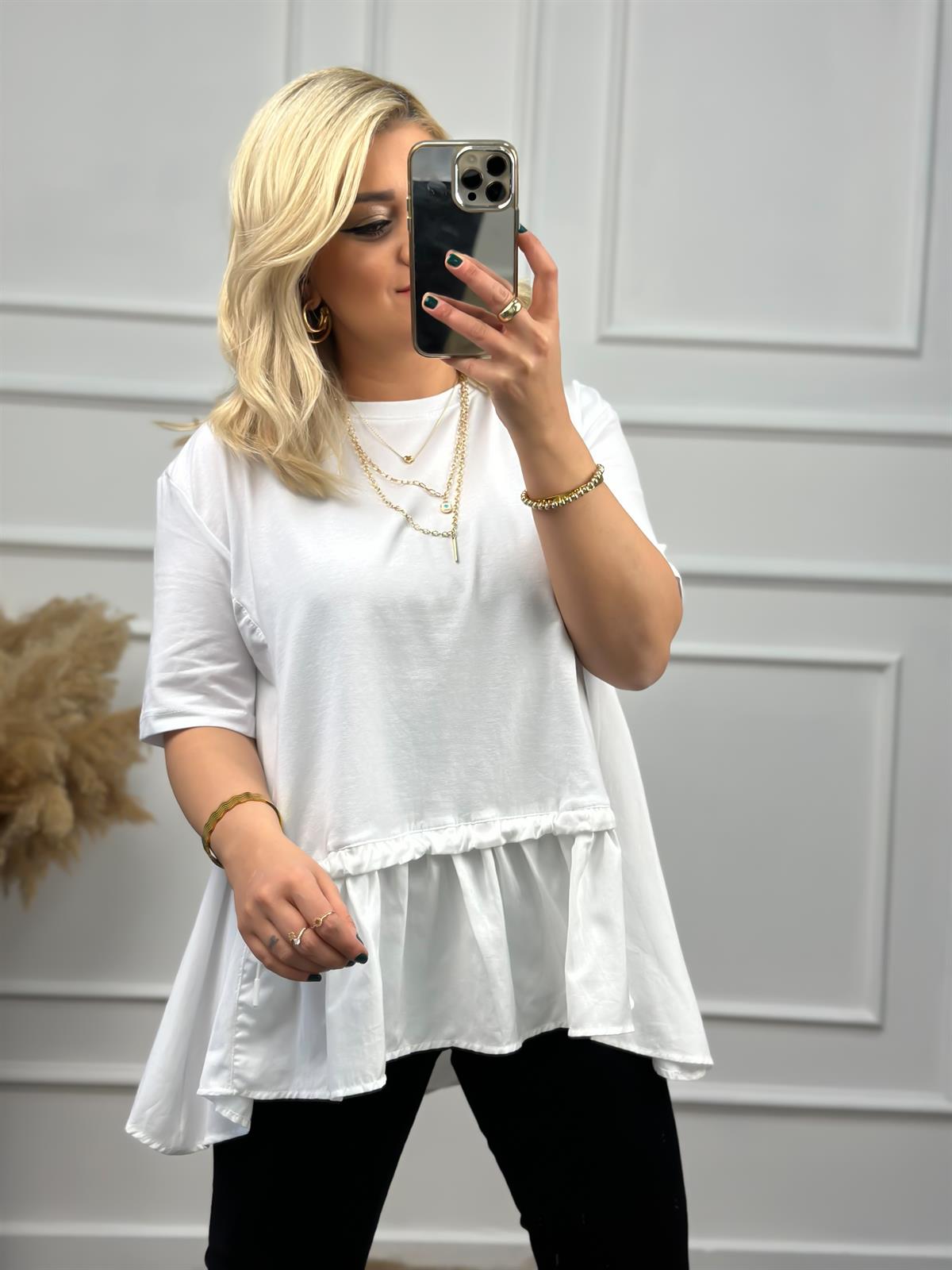 Poplin Detaylı  Belli Lastikli Tshirt BEYAZ