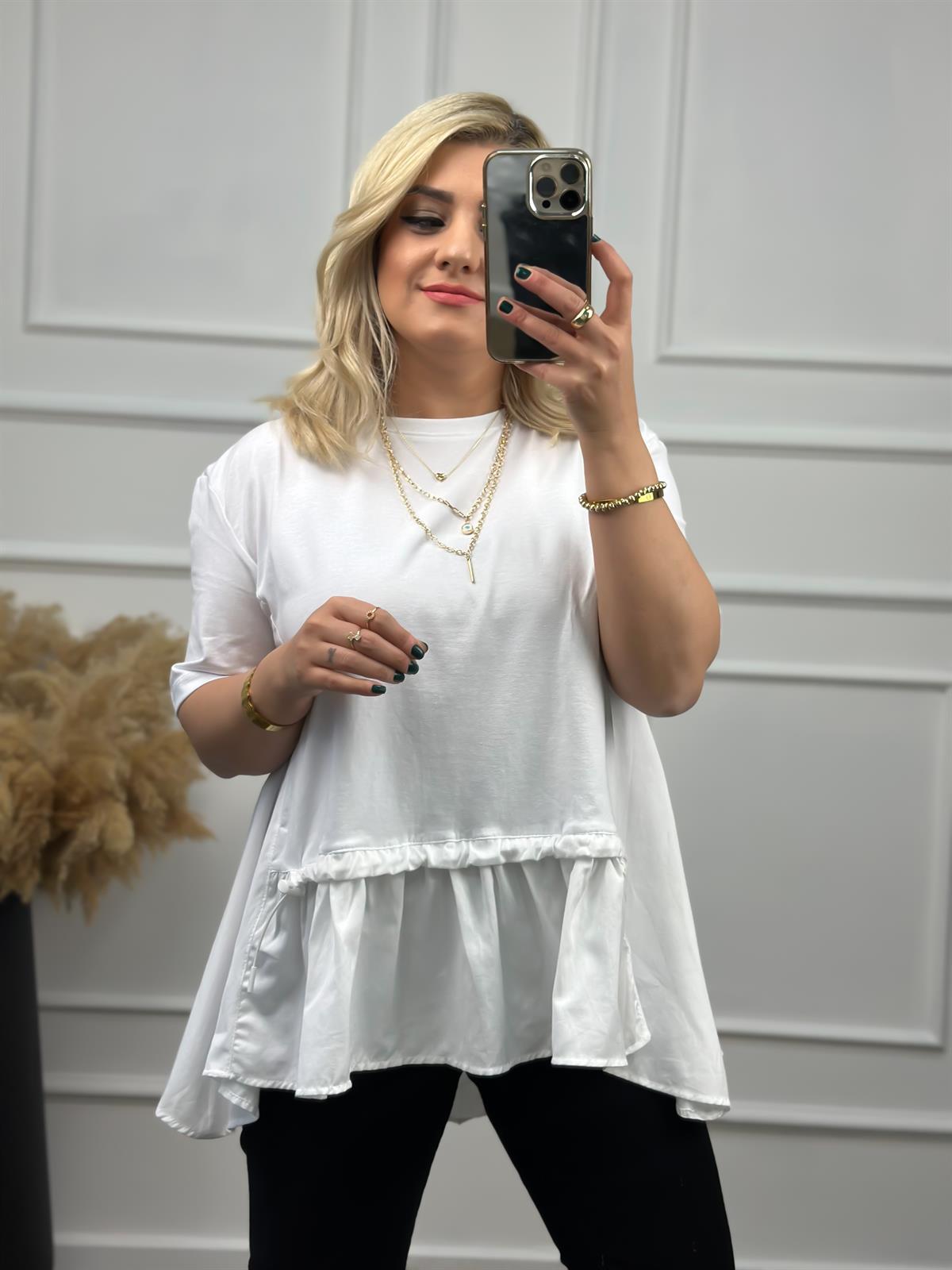 Poplin Detaylı  Belli Lastikli Tshirt BEYAZ