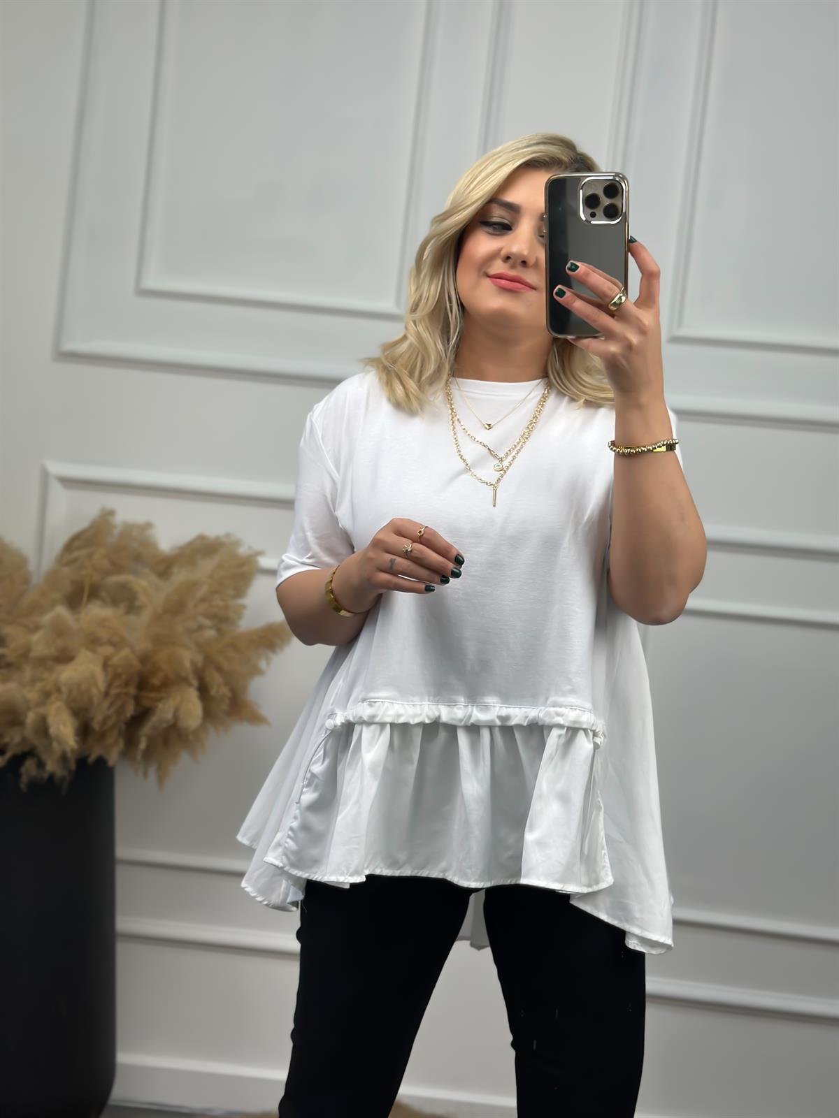 Poplin Detaylı  Belli Lastikli Tshirt BEYAZ