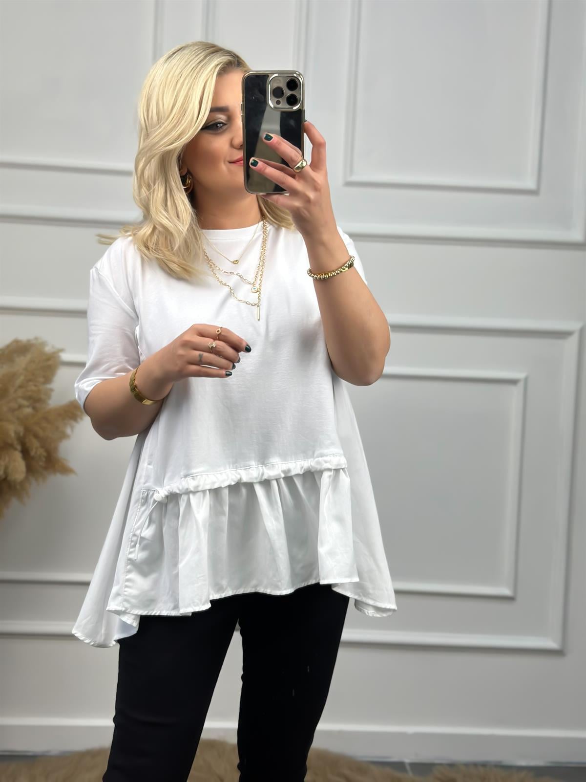 Poplin Detaylı  Belli Lastikli Tshirt BEYAZ