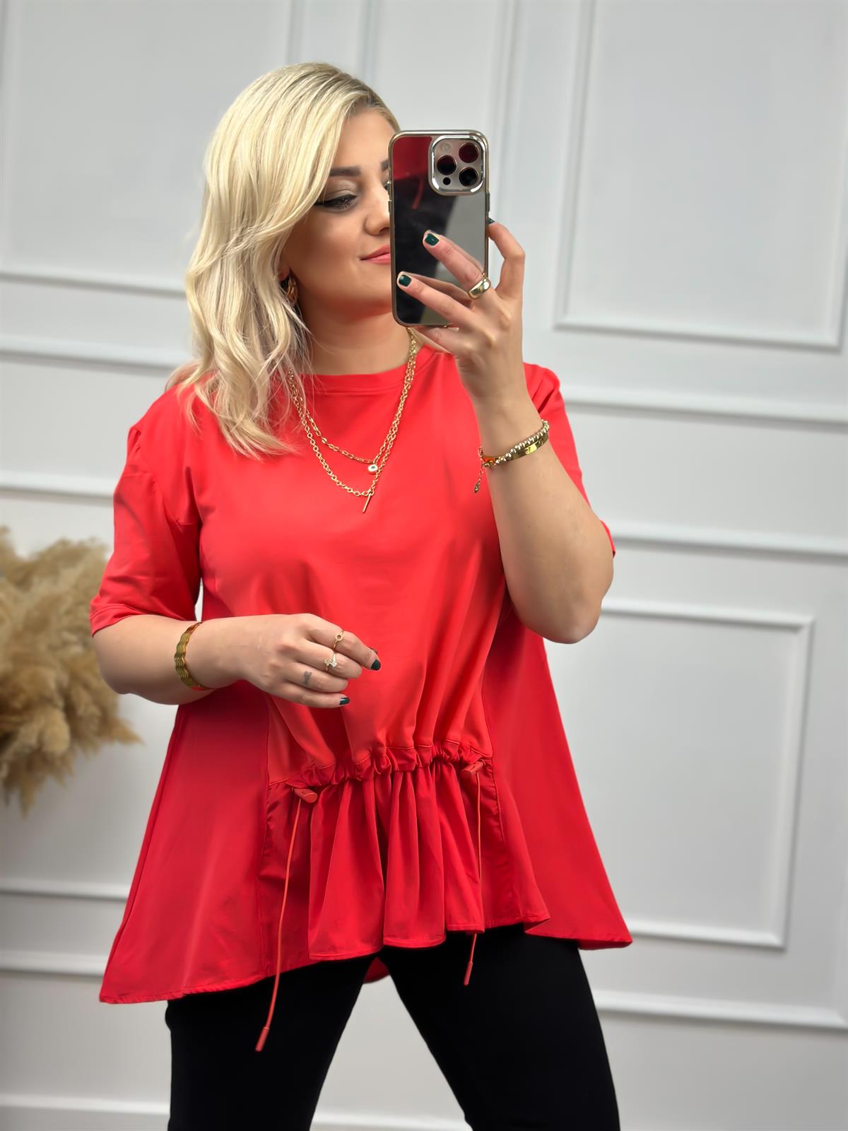 Poplin Detaylı  Belli Lastikli Tshirt NAR ÇİÇEĞİ