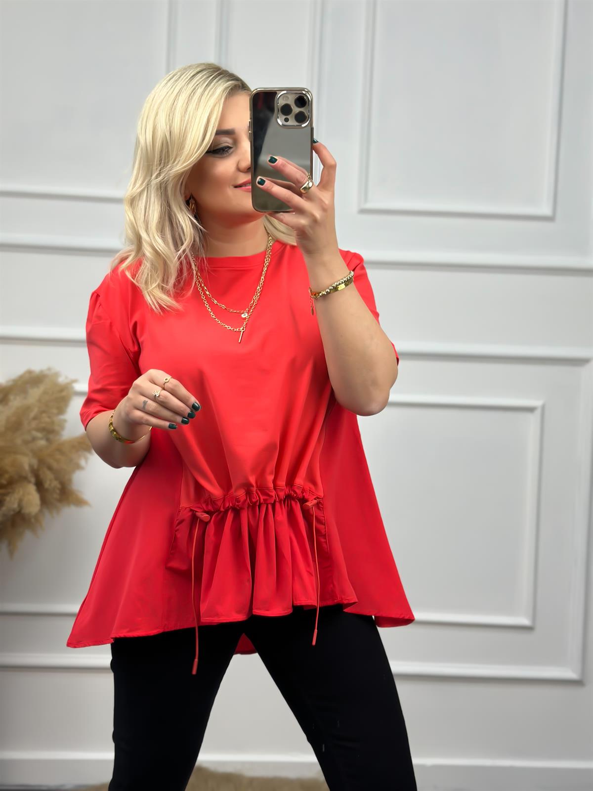 Poplin Detaylı  Belli Lastikli Tshirt NAR ÇİÇEĞİ