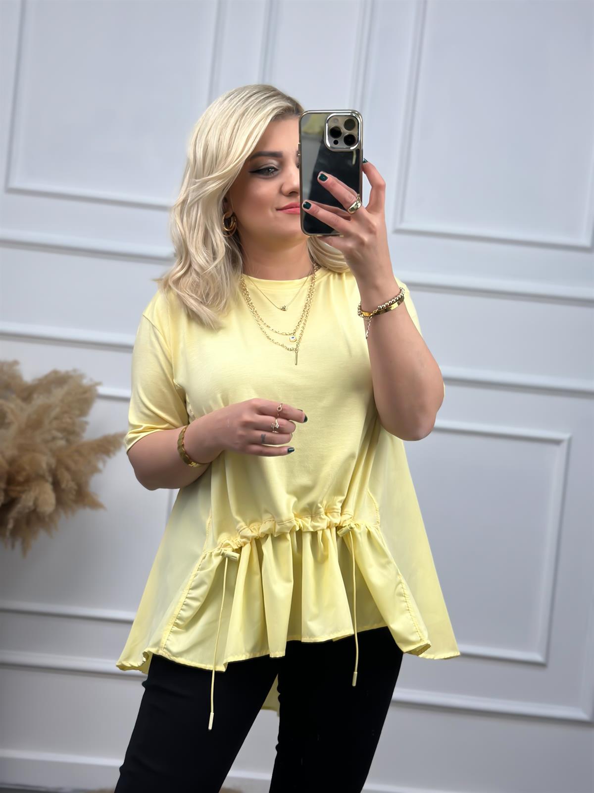 Poplin Detaylı  Belli Lastikli Tshirt Sarı