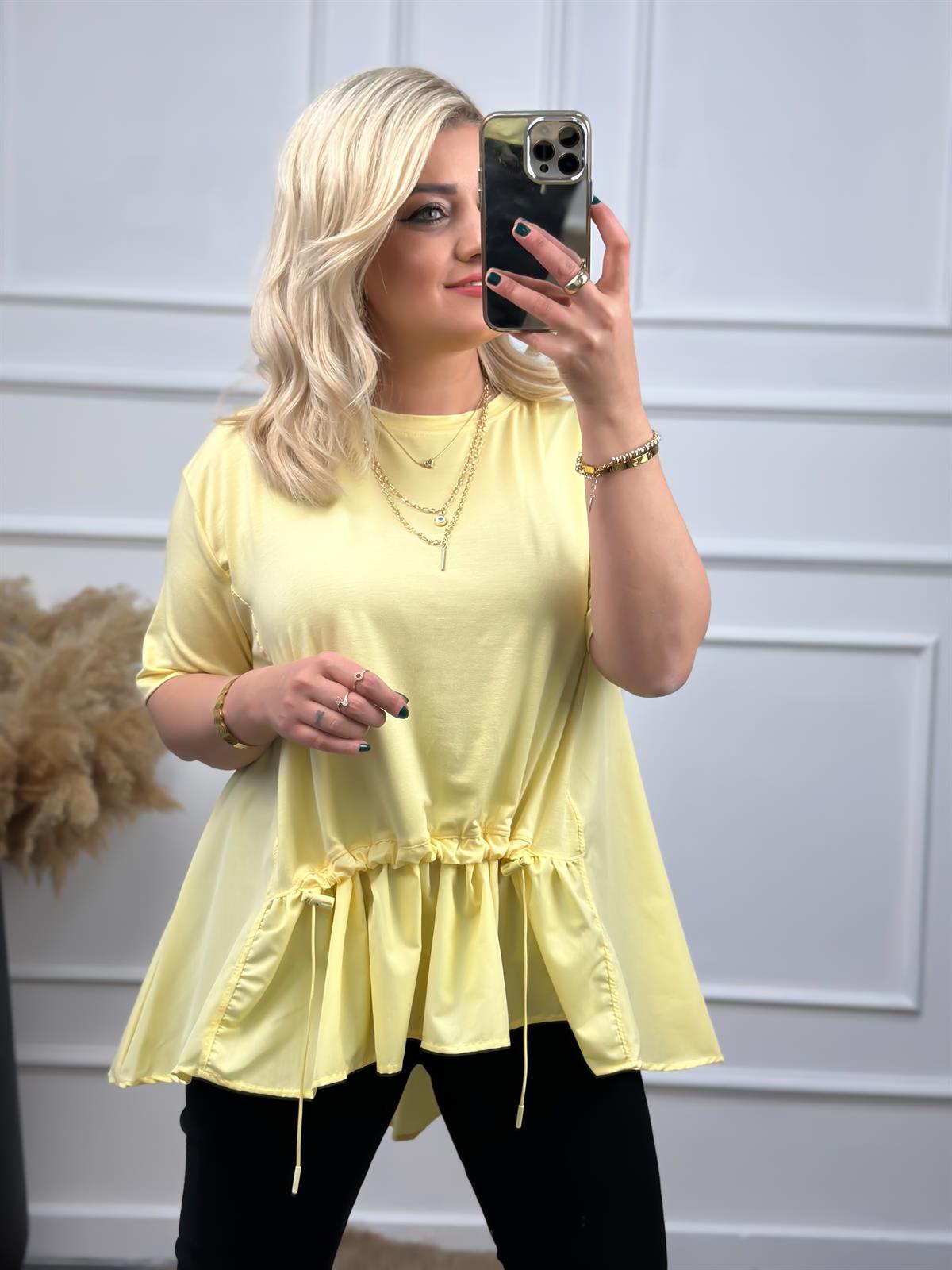 Poplin Detaylı  Belli Lastikli Tshirt Sarı