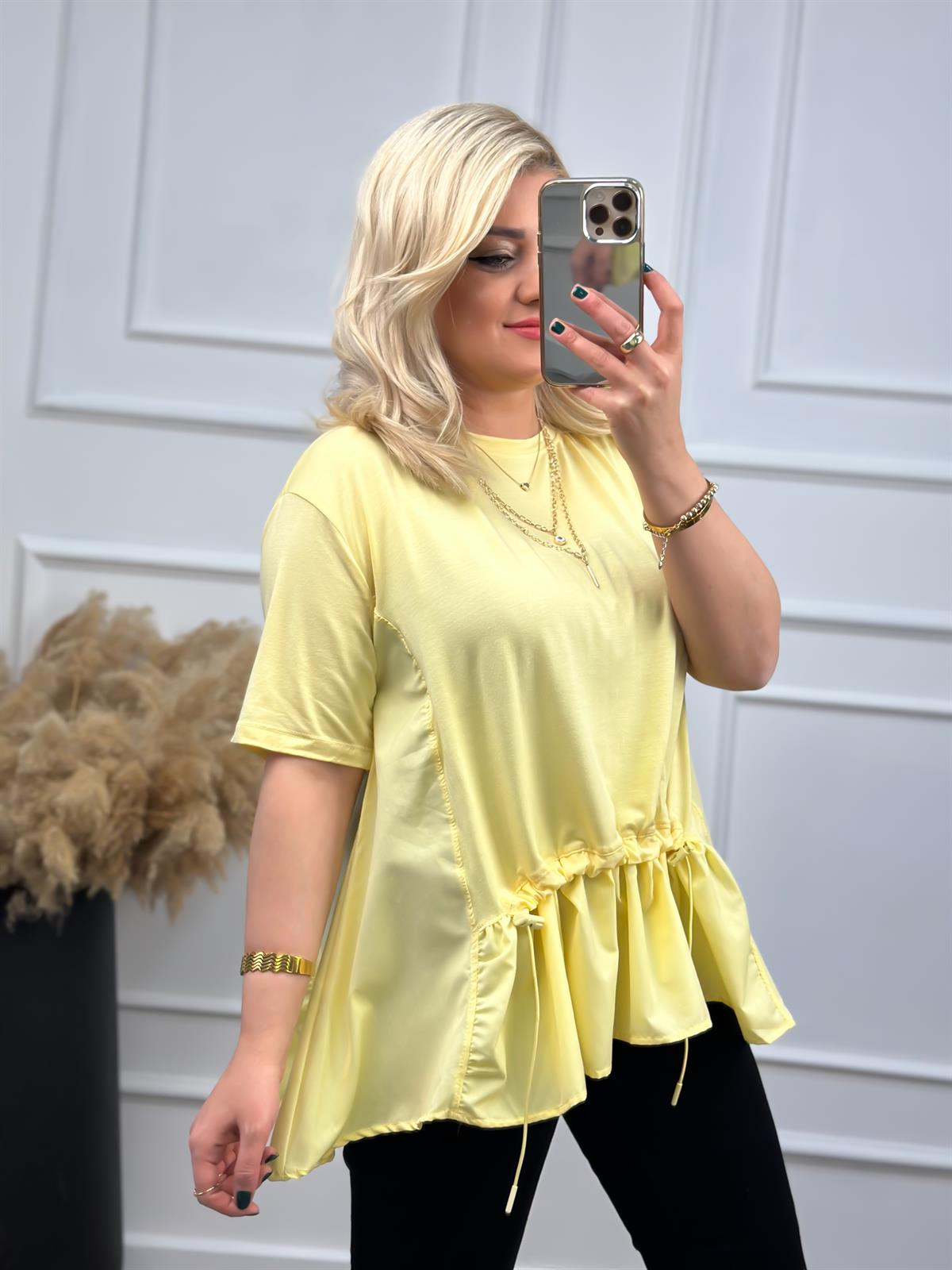 Poplin Detaylı  Belli Lastikli Tshirt Sarı