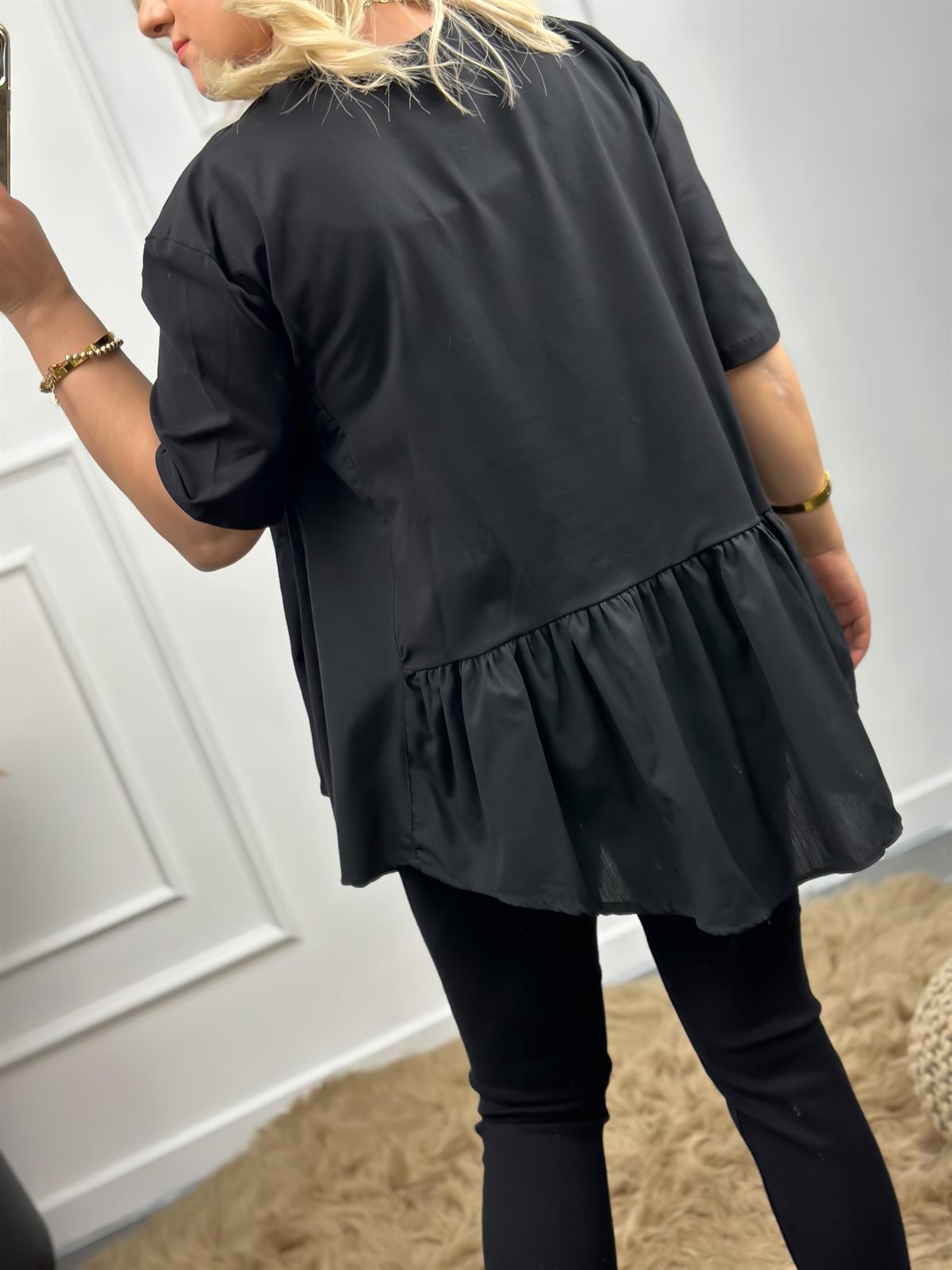 Poplin Detaylı  Belli Lastikli Tshirt SİYAH