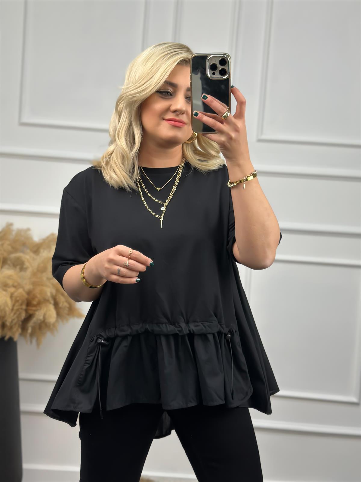 Poplin Detaylı  Belli Lastikli Tshirt SİYAH