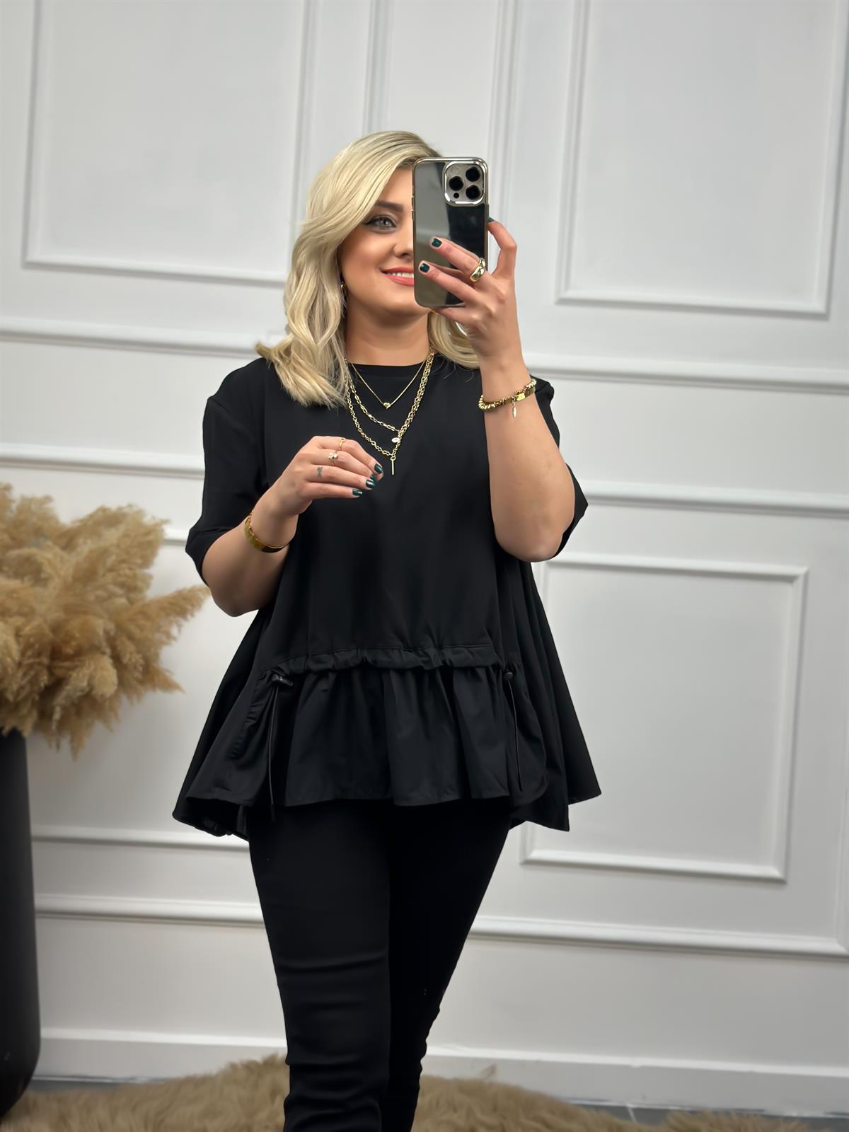 Poplin Detaylı  Belli Lastikli Tshirt SİYAH