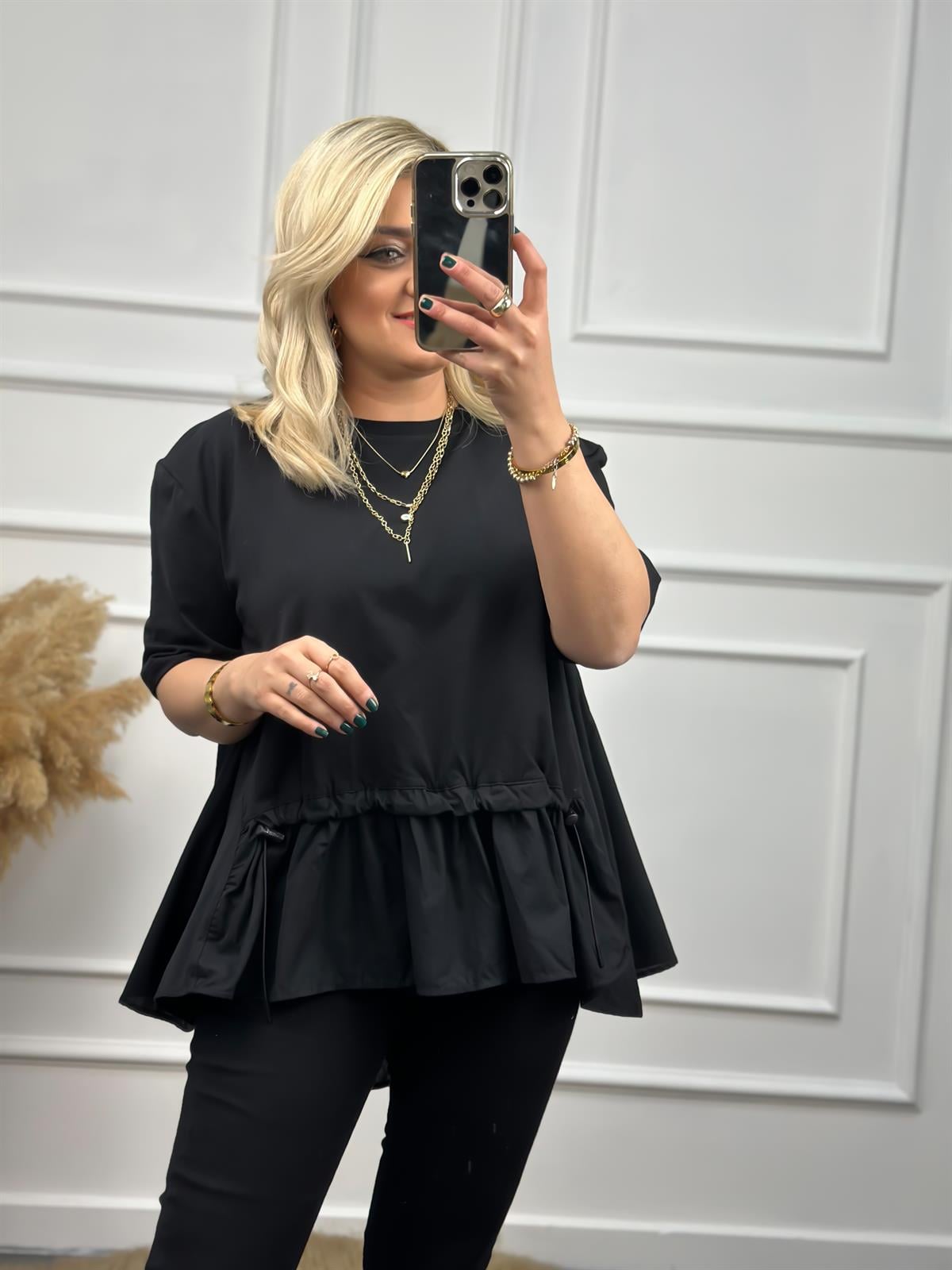 Poplin Detaylı  Belli Lastikli Tshirt SİYAH