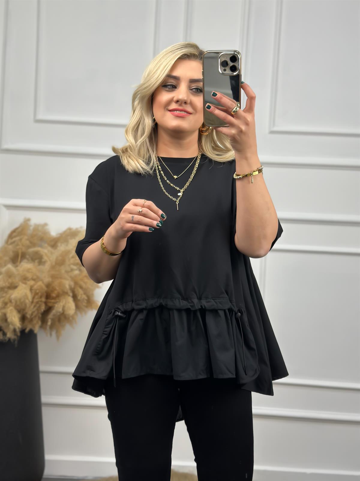 Poplin Detaylı  Belli Lastikli Tshirt SİYAH