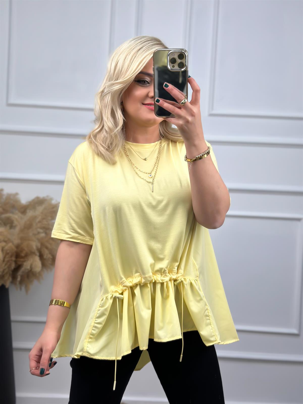 Poplin Detaylı  Belli Lastikli Tshirt Sarı