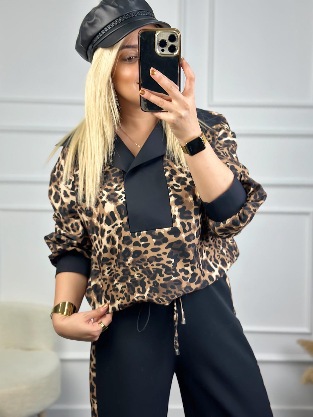 Poplin Garnili Leopar Şertli Eşofman Takım SİYAH