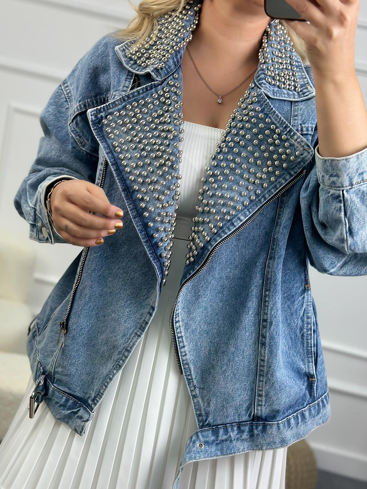 Premium Jean Serisi Zımba Detaylı Tasarım Biker Ceket MAVİ
