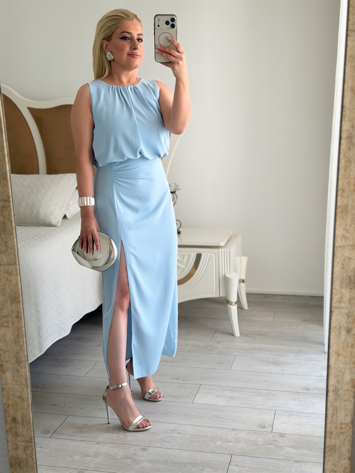 Premium Seri Drapeli Dökümlü Yırtmaçlı Kalem Elbise BEBE MAVİ