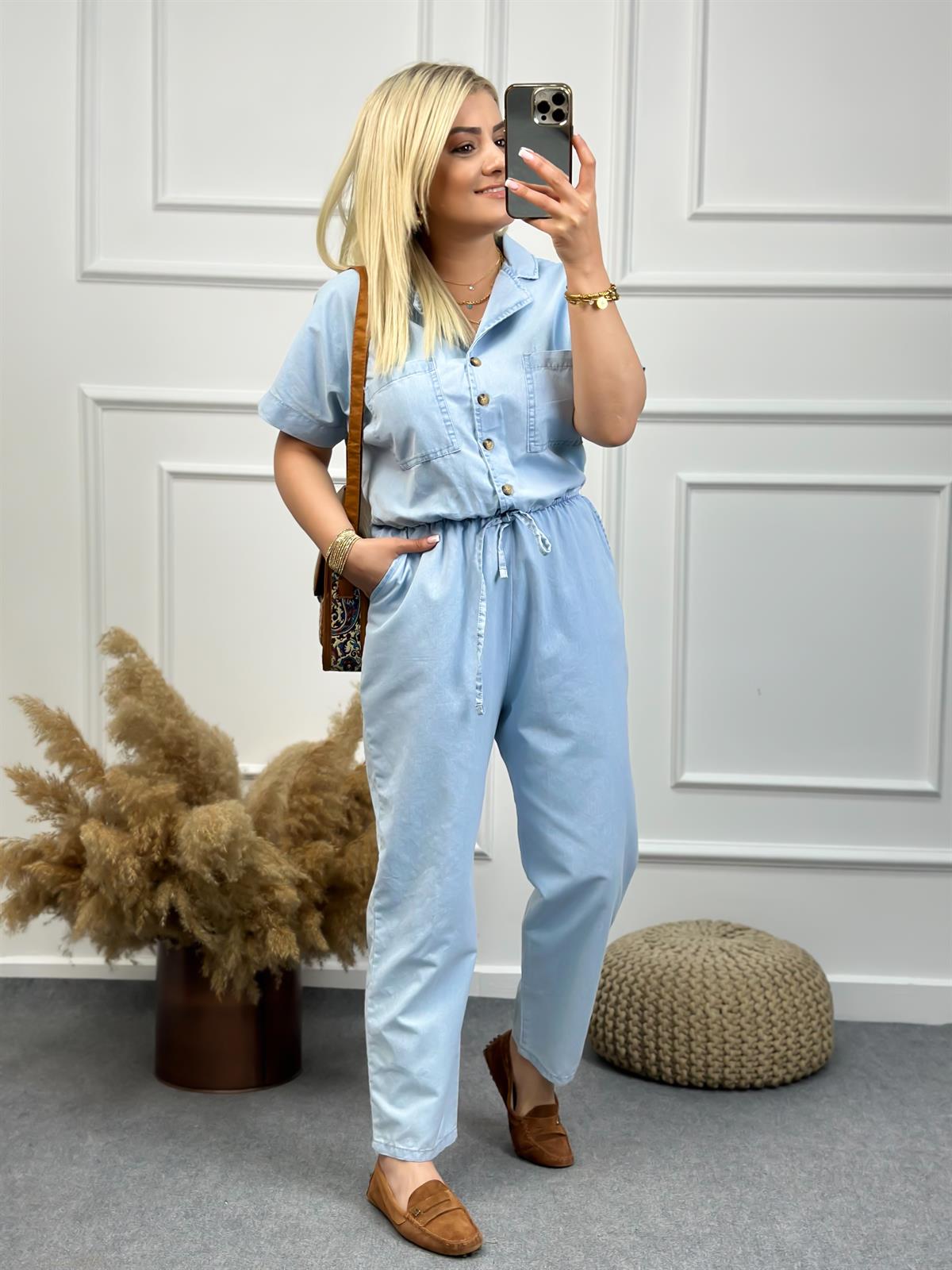 Premium Seri Tensel Jean Kumaş Kısa Kol Beli Lastikli Tulum BEBE MAVİ