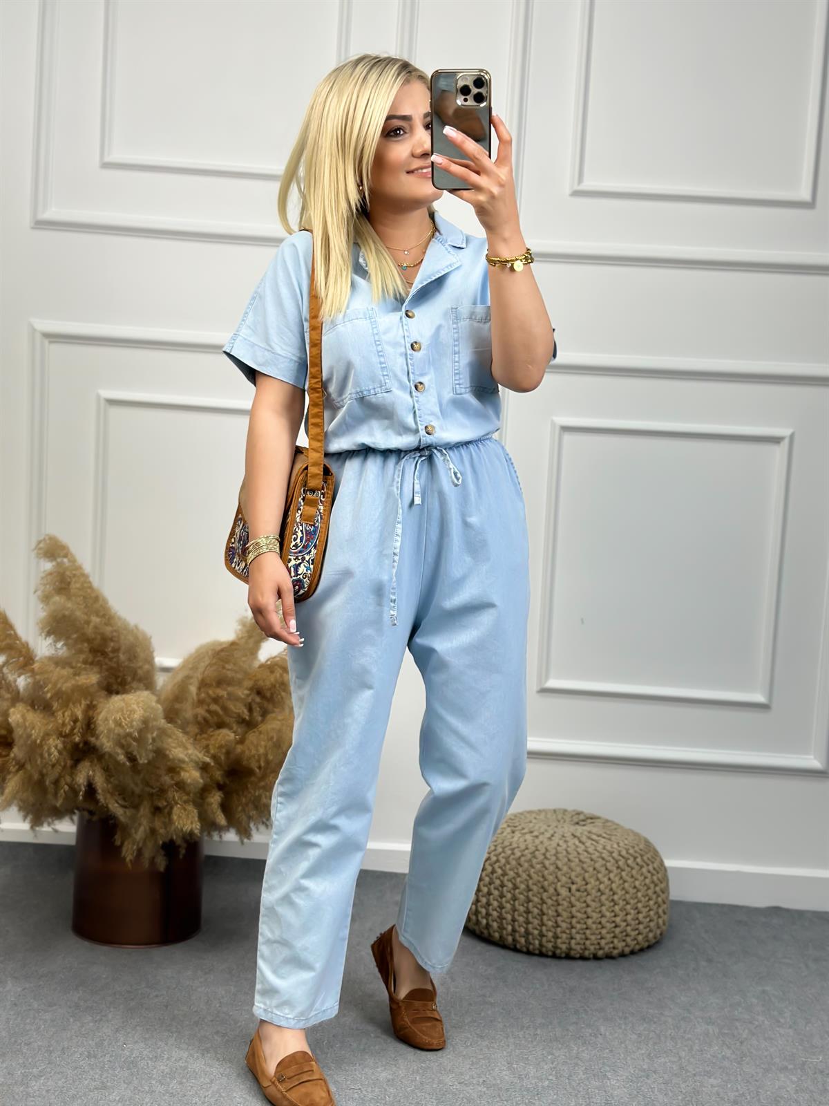 Premium Seri Tensel Jean Kumaş Kısa Kol Beli Lastikli Tulum BEBE MAVİ