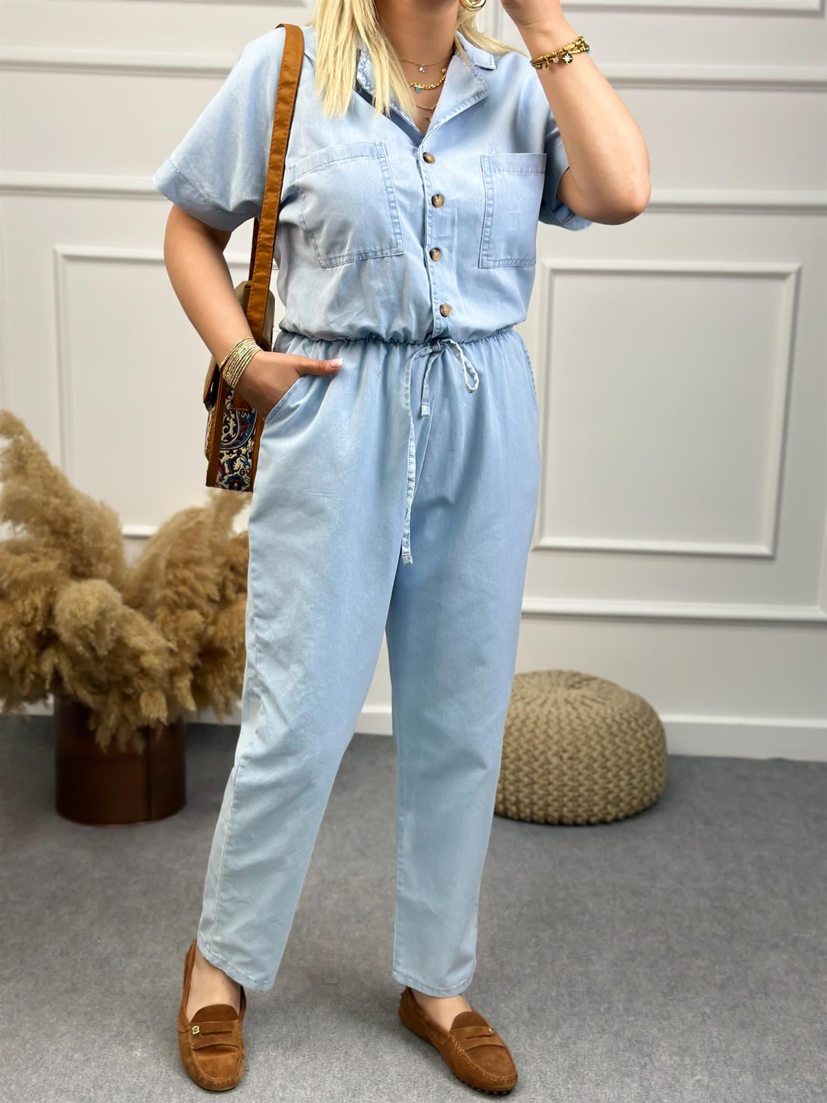 Premium Seri Tensel Jean Kumaş Kısa Kol Beli Lastikli Tulum BEBE MAVİ