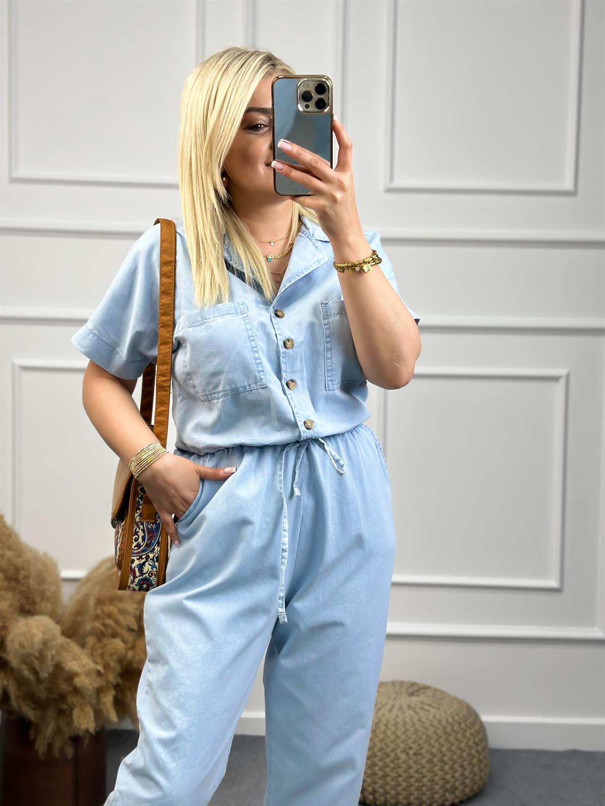 Premium Seri Tensel Jean Kumaş Kısa Kol Beli Lastikli Tulum BEBE MAVİ