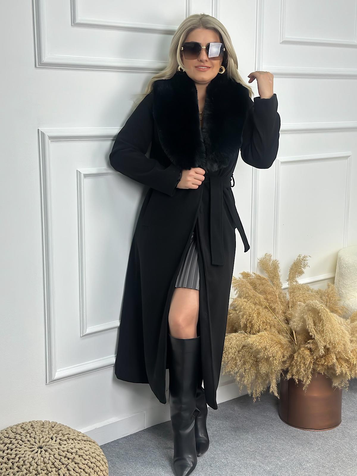 Premium Seri Yakası Kürklü Kaşe Kaban SİYAH